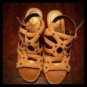 Nine West light tan stack wedge sandals
